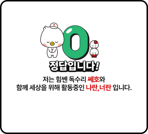 정답입니다! 저는 힘쎈 독수리 쎄호와 함께 세상을 위해 활동중인 나란, 너란입니다.